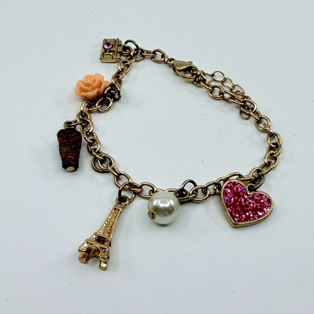 Y2K Gold Tone Paris Theme Charm Bracelet Pink Glitter Heart Eiffel‎ Tower Pearl